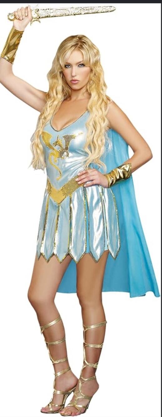 Dreamgirl Dragon Warrior Queen Costume blue gold medieval dress cape wrist med